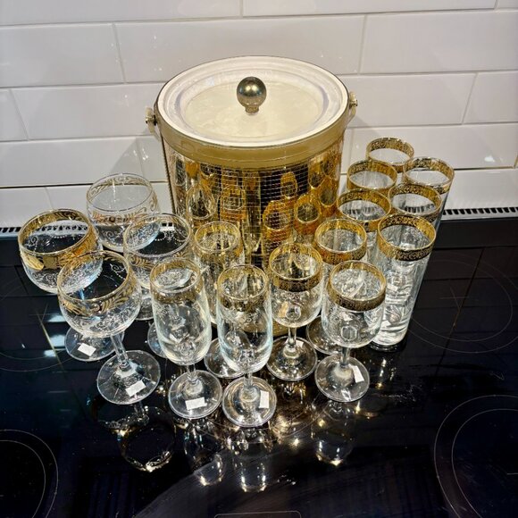✨ Vintage Culver 22K Gold Barware Set w/ Ice Bucket – 17 Pc Mid-Century Modern - Picture 2 of 6